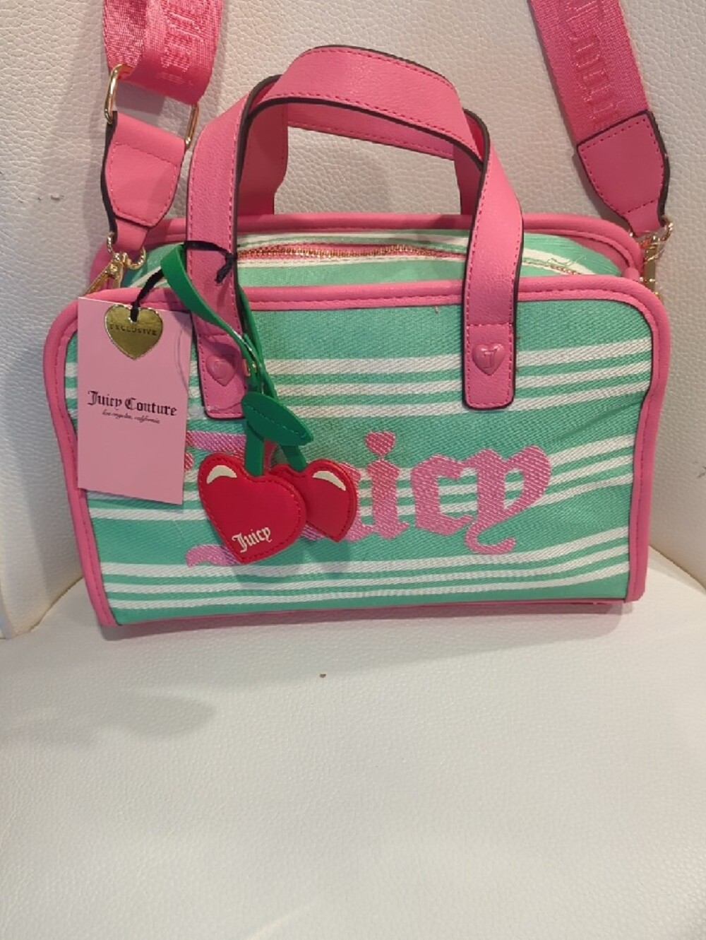 Juicy Couture Pink & Mint Striped Crossbody Satchel - Picture 3 of 10